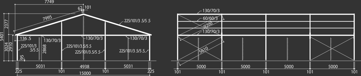 ロダーテント　間口15m 奥行き5mスパン